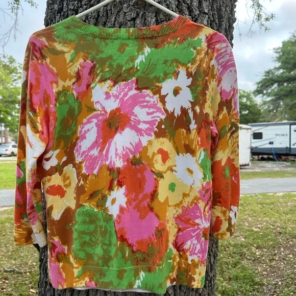 100% Pima Cotton Watercolor Cardigan Size M Petite‎ Floral Colorful 3/4 Sleeve - Picture 7 of 8